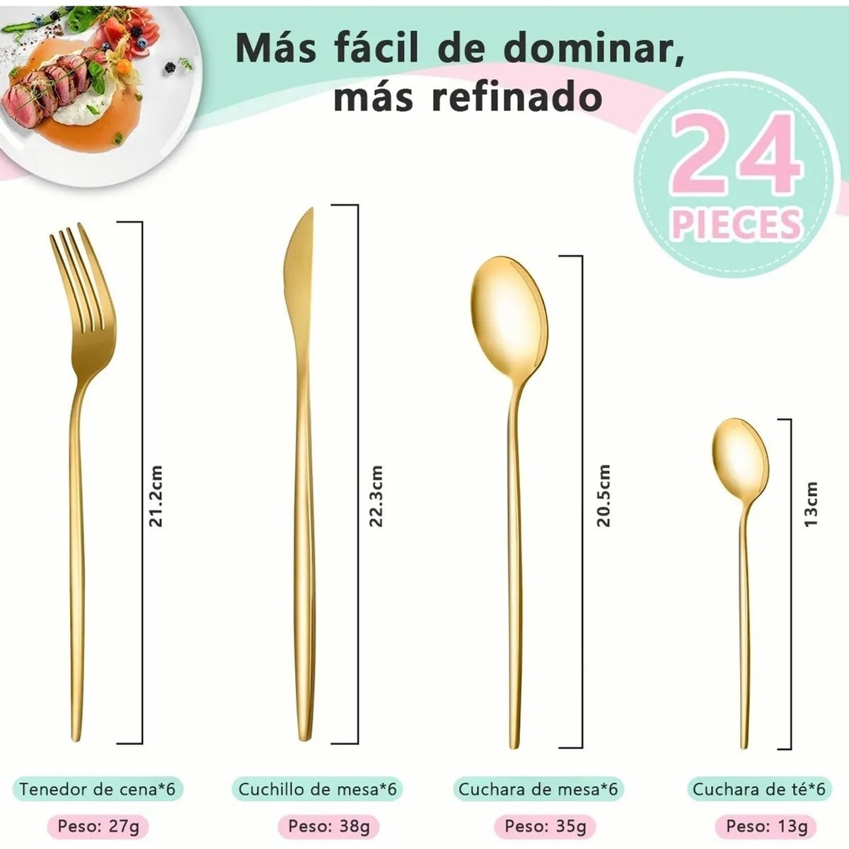 GENERICO - Juego De Cubiertos De 24 Cuchillos, Cucharas Y Tenedores Dorado