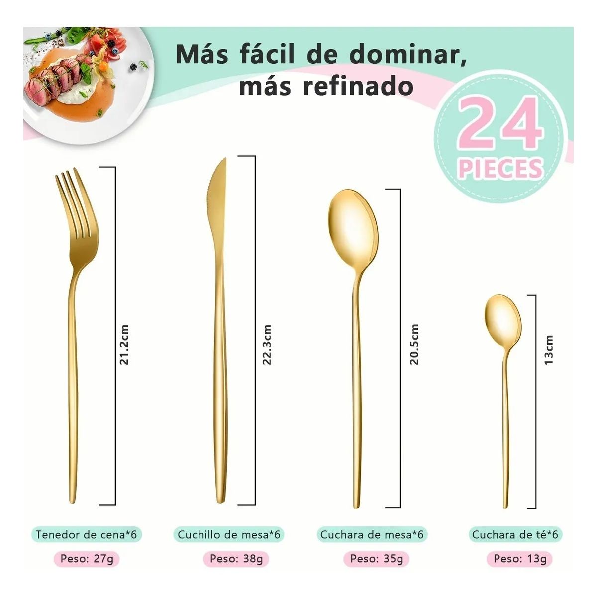 GENERICO - Juego De Cubiertos De 24 Cuchillos, Cucharas Y Tenedores Dorado