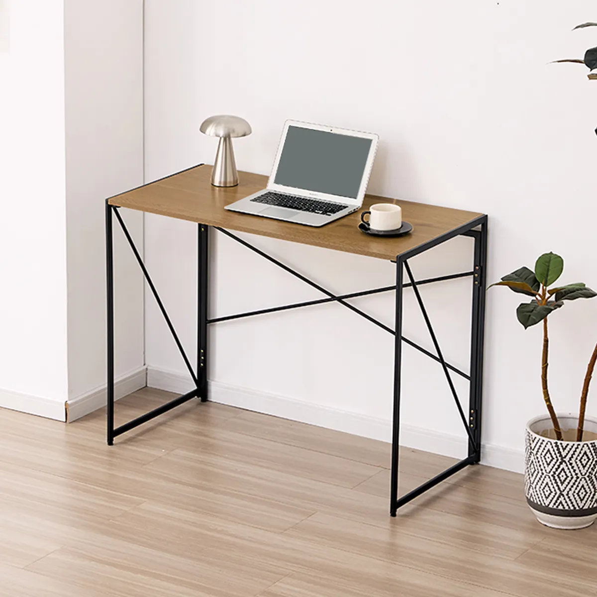 JOYTEK - Mesa Escritorio Plegable de Metal y Madera Roble Oscuro 100x50x75 cm