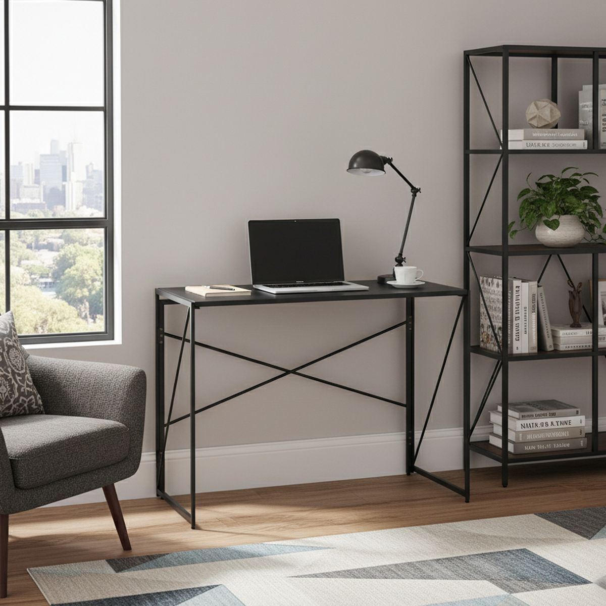 JOYTEK - Mesa Escritorio Plegable de Metal y Madera Negro 100x50x75 cm