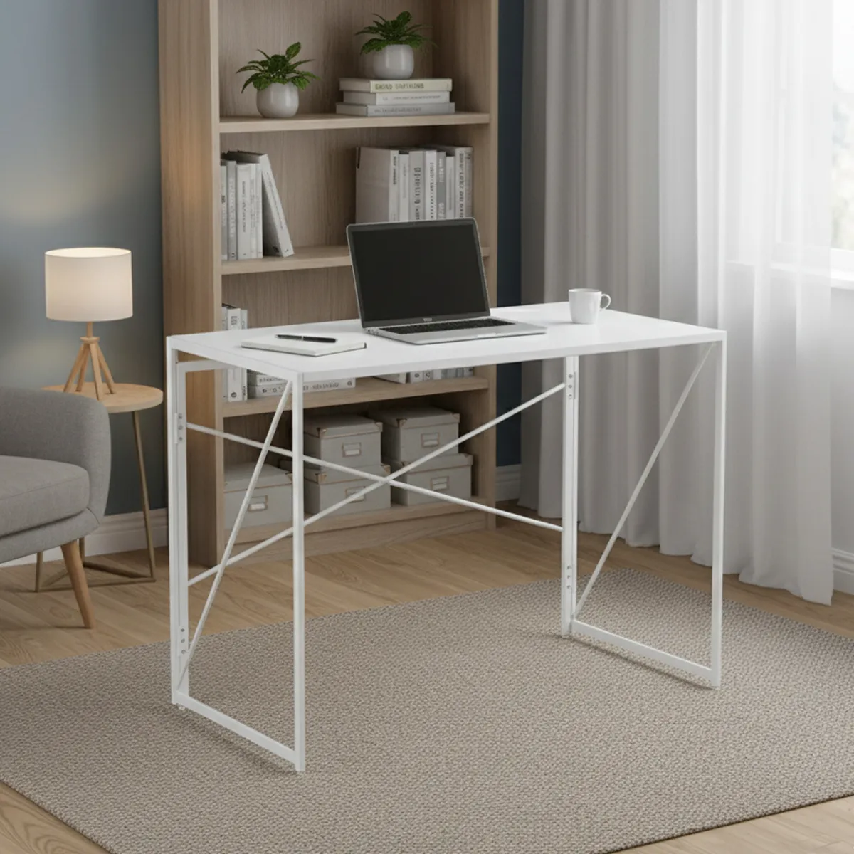 JOYTEK - Mesa Escritorio Plegable de Metal y Madera Blanco 100x50x75 cm