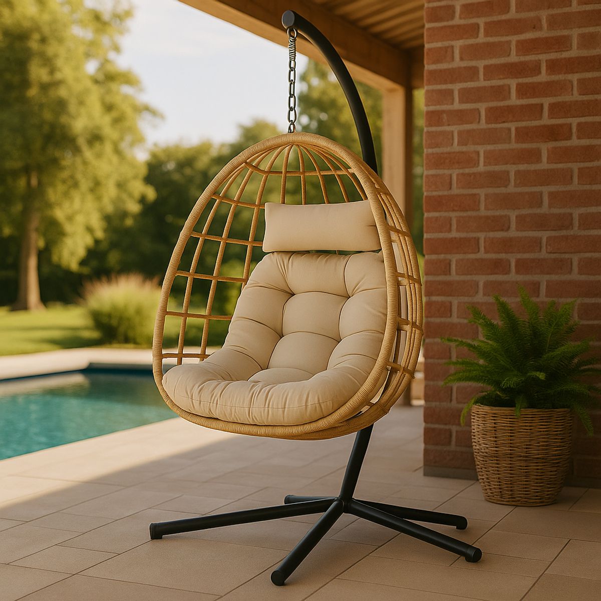 SPACE HOME - Silla Reposera Columpio Colgante Nido de Rattan Beige para Terraza
