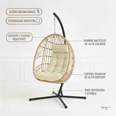 Imagen 2 del producto Silla Reposera Columpio Colgante Nido de Rattan Beige para Terraza