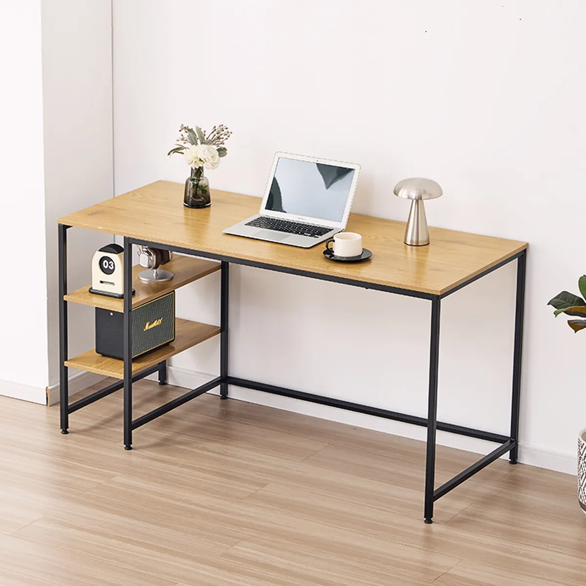 JOYTEK - Escritorio de Metal y Madera con Repisas 140x60x75 cm Roble Claro