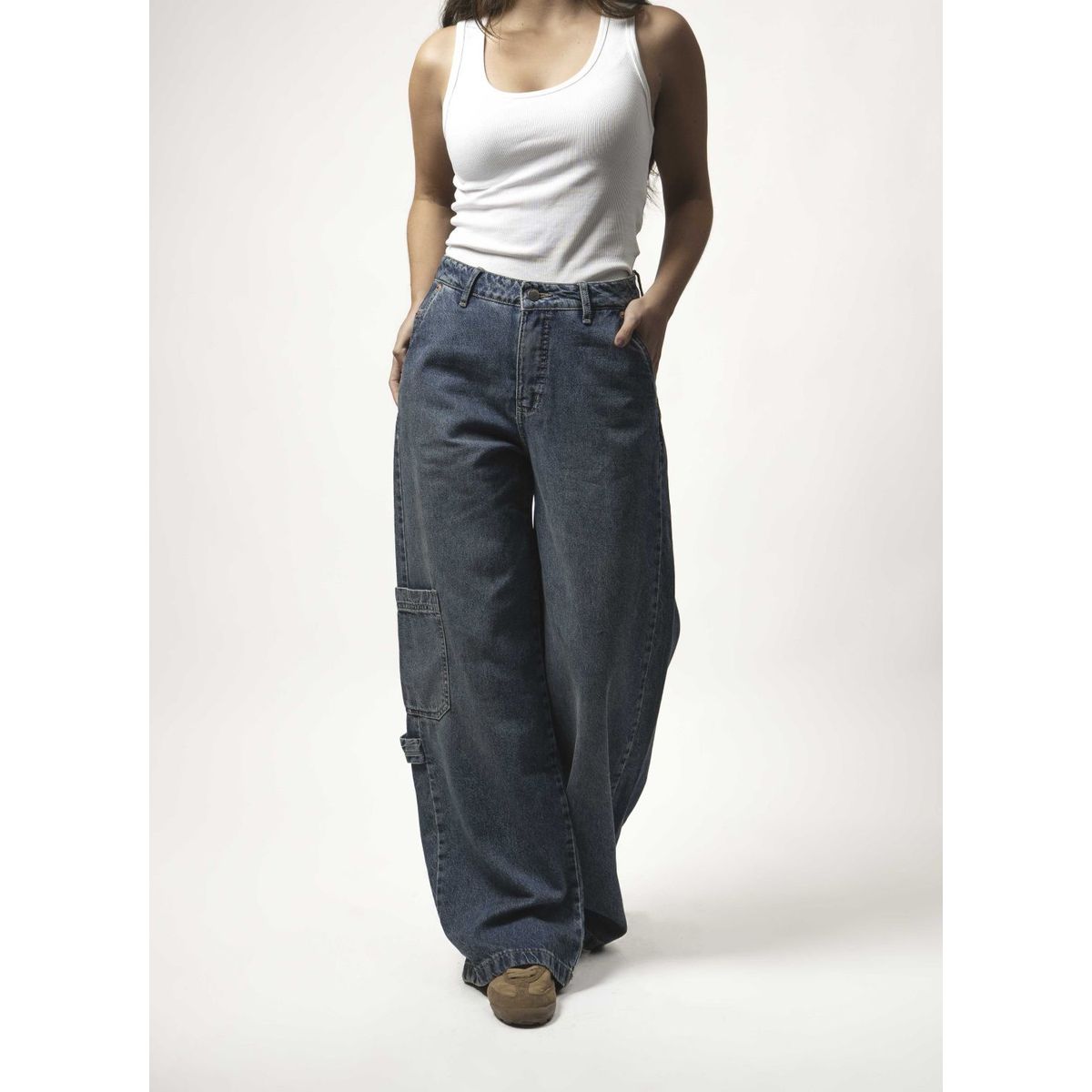 MOMCHIC - Jeans Miranda Extra Baggy Azul Contraste amarillo