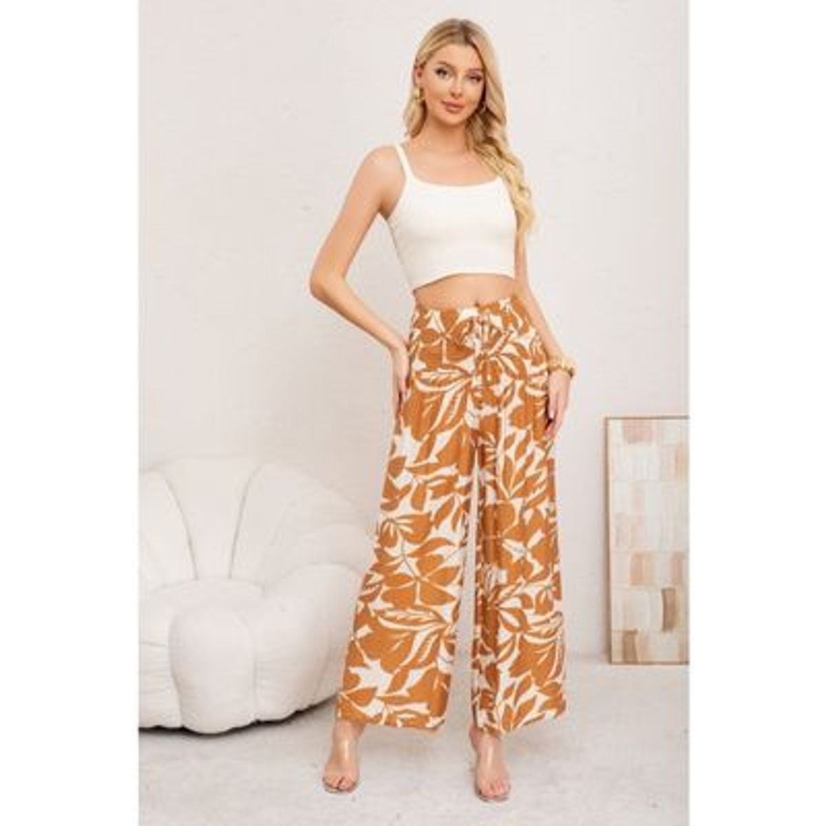 LIKE SHOP - Pantalon Mujer Palazzo Floreado Tipo Lino Pretina Alta Elasticado 3008