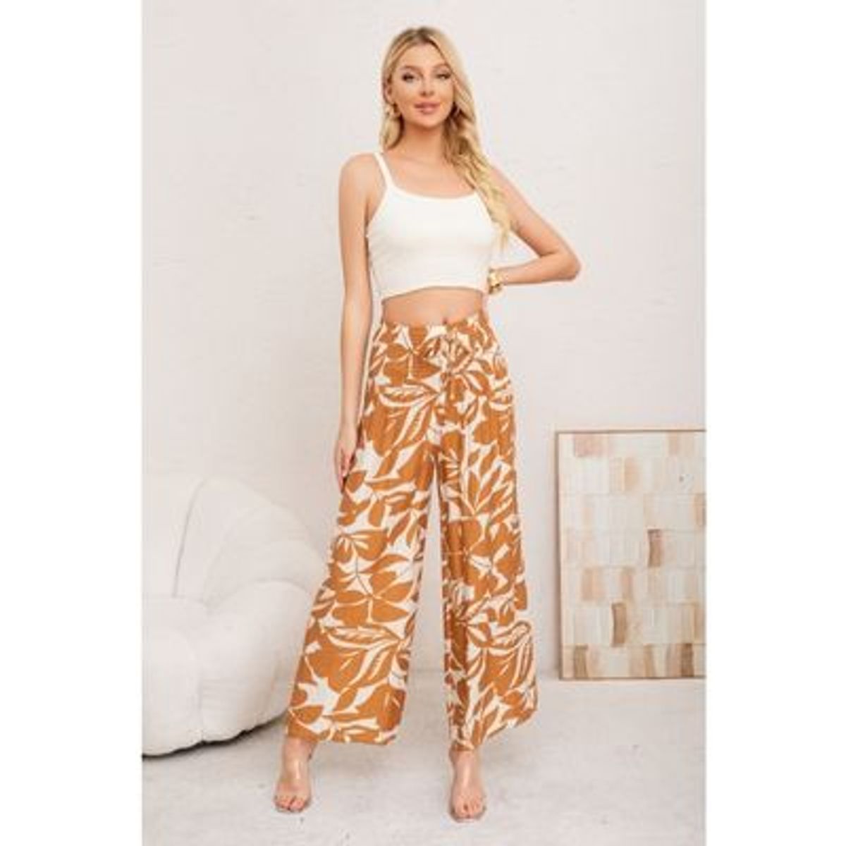 LIKE SHOP - Pantalon Mujer Palazzo Floreado Tipo Lino Pretina Alta Elasticado 3008