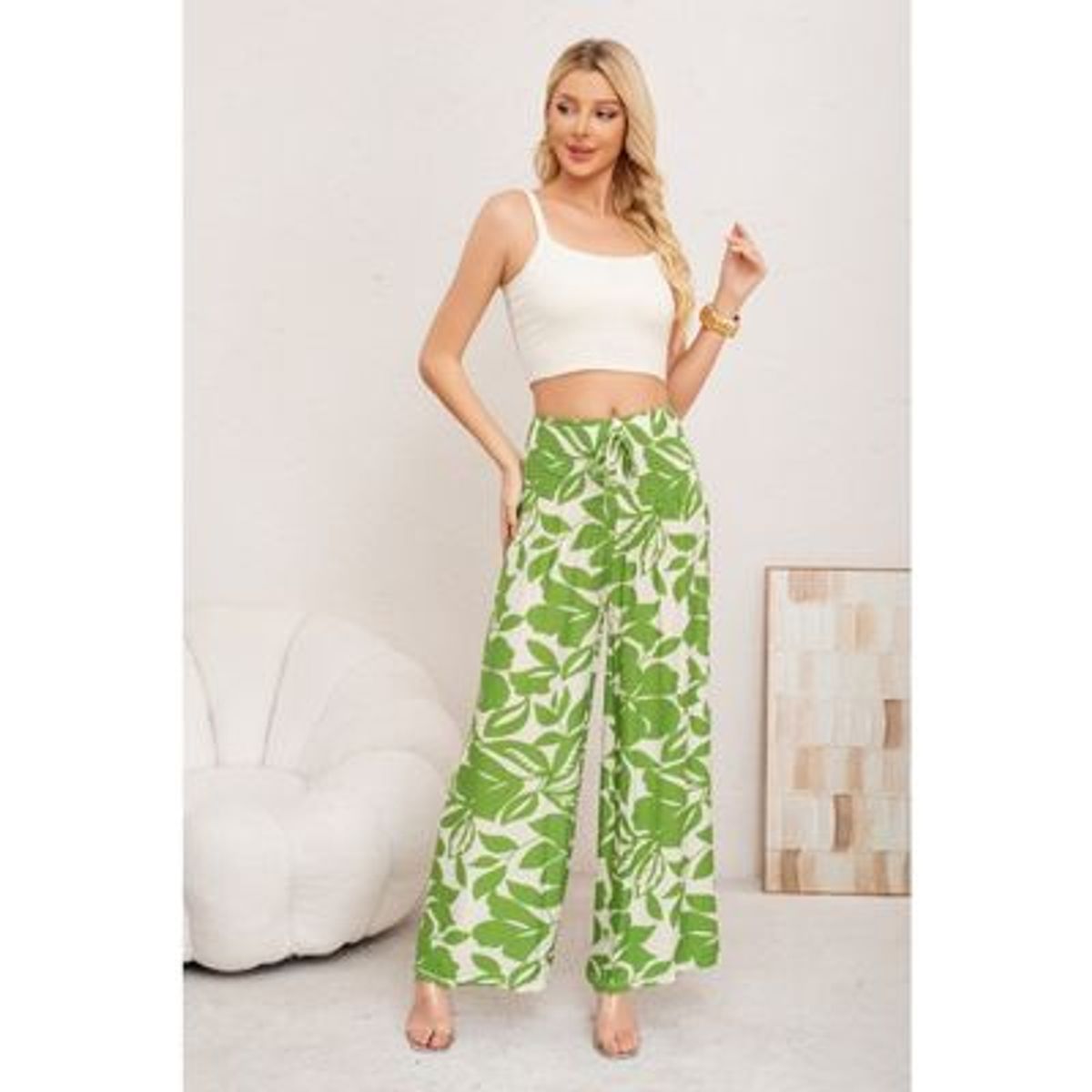 LIKE SHOP - Pantalon Mujer Palazzo Floreado Tipo Lino Pretina Alta Elasticado 3008