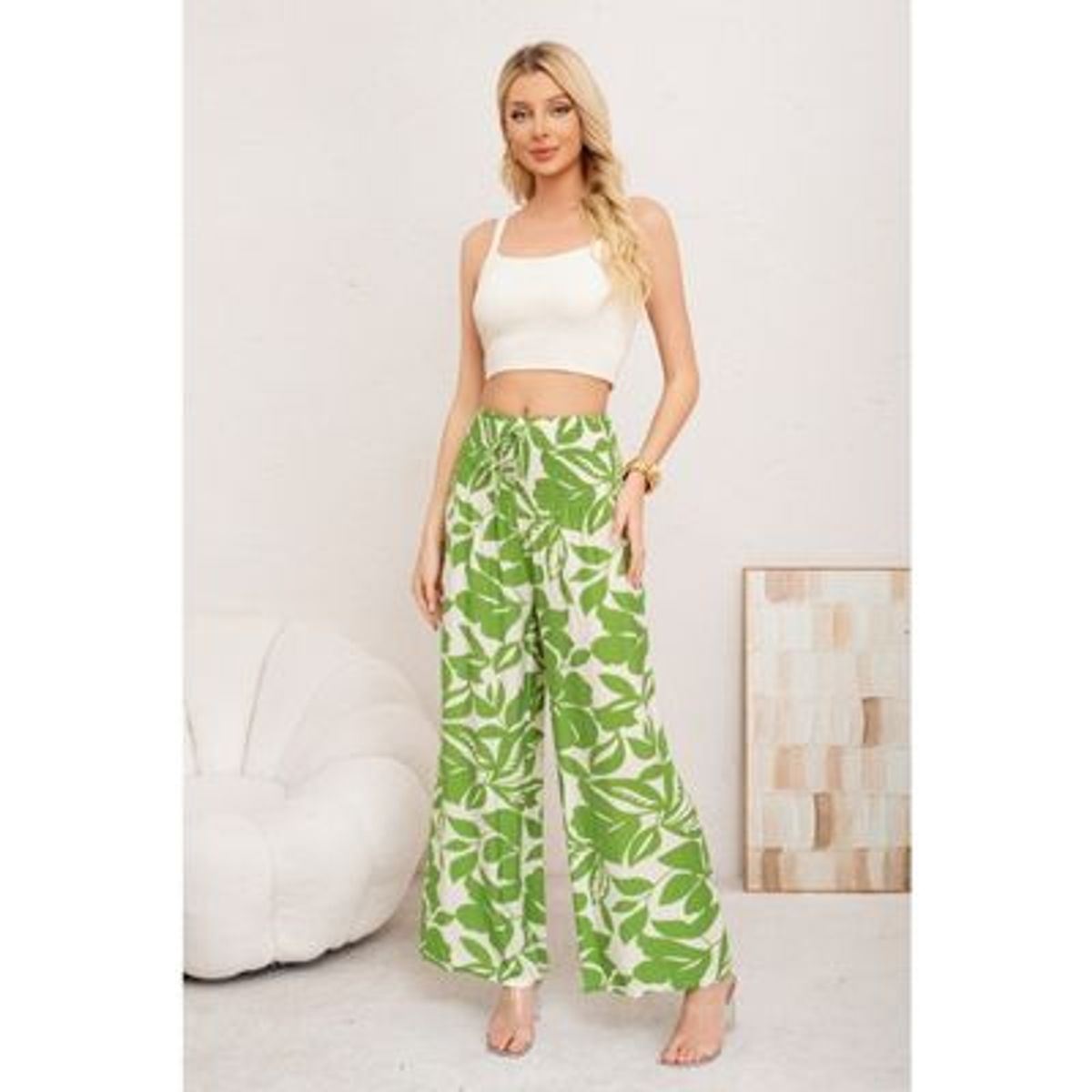 LIKE SHOP - Pantalon Mujer Palazzo Floreado Tipo Lino Pretina Alta Elasticado 3008