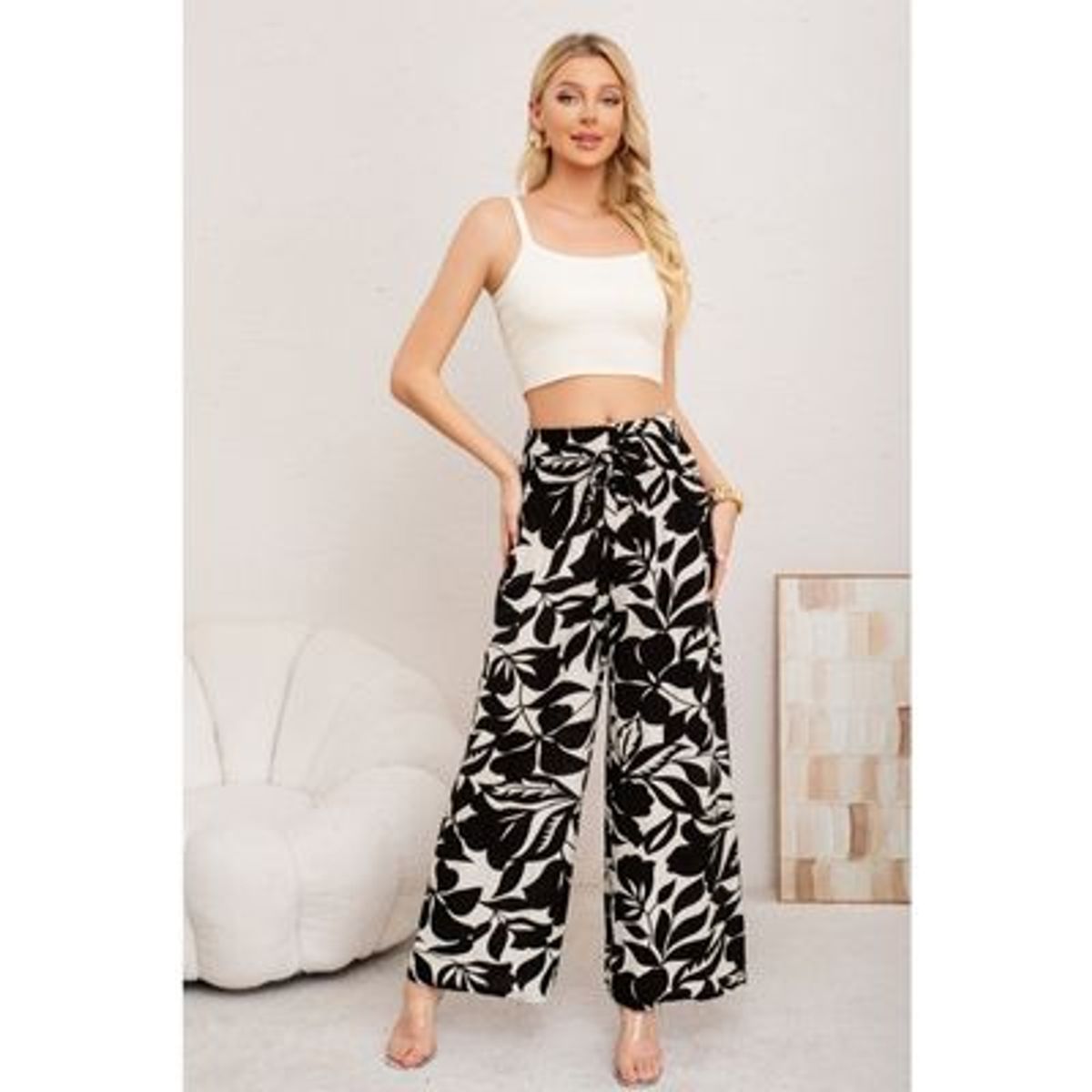 LIKE SHOP - Pantalon Mujer Palazzo Floreado Tipo Lino Pretina Alta Elasticado 3008