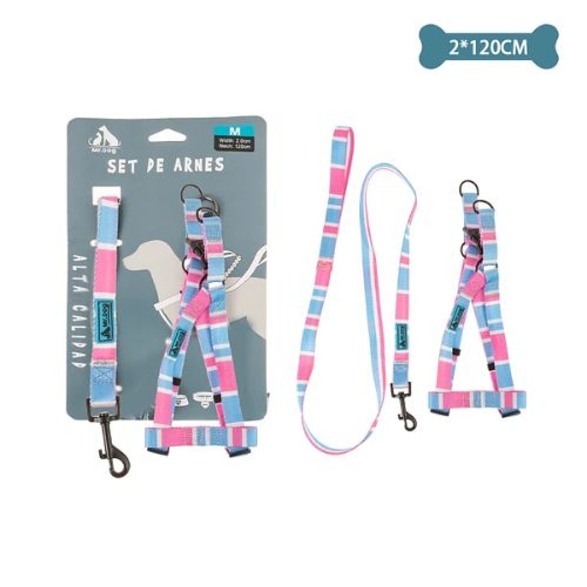 GENERICO - Set de arnés y correa de nylon azul y rosa 20120cm