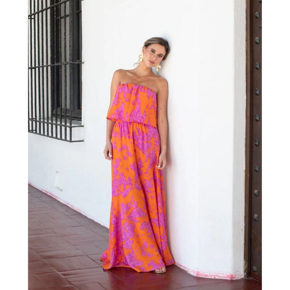 MI PLACARD - Vestido Largo de Fiesta Valentina Estampado NaranjoFucsia
