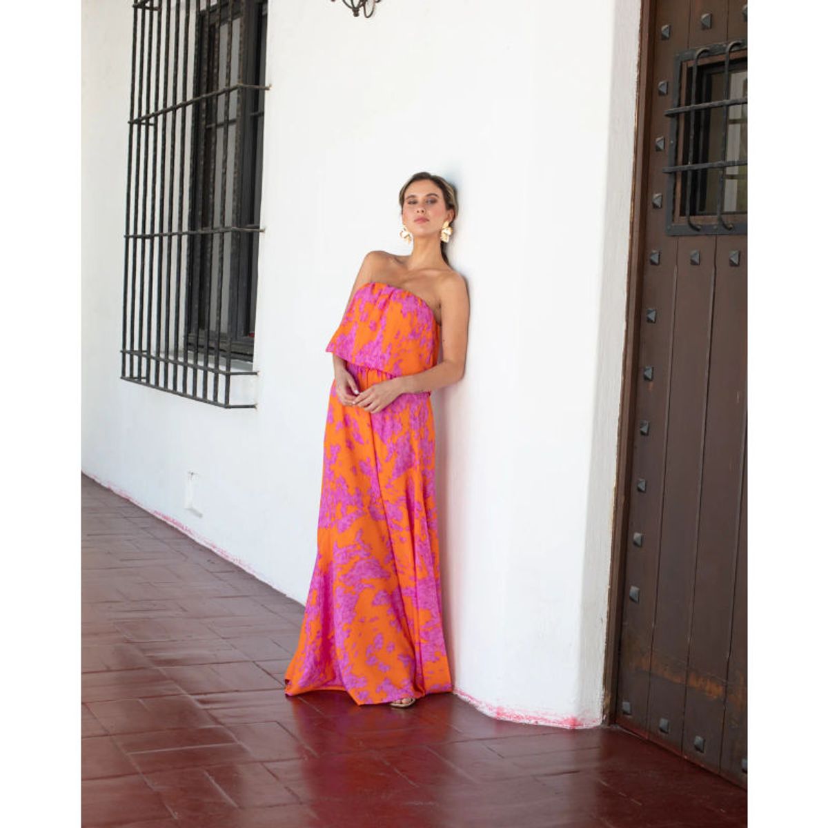 MI PLACARD - Vestido Largo de Fiesta Valentina Estampado NaranjoFucsia