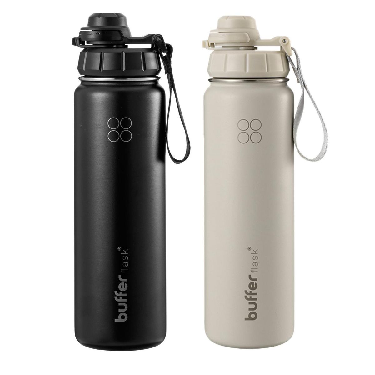 BUFFER FLASK - Termo Botella Set x2 Agua Termica Acero Inox+4 Tapas - Blanco