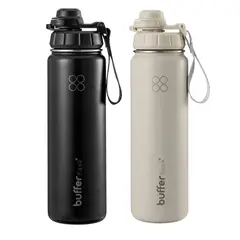 BUFFER FLASK - Termo Botella Agua Termica Buffer Acero Inoxidable + 4 Tapas Set X2 - Black + Ivory