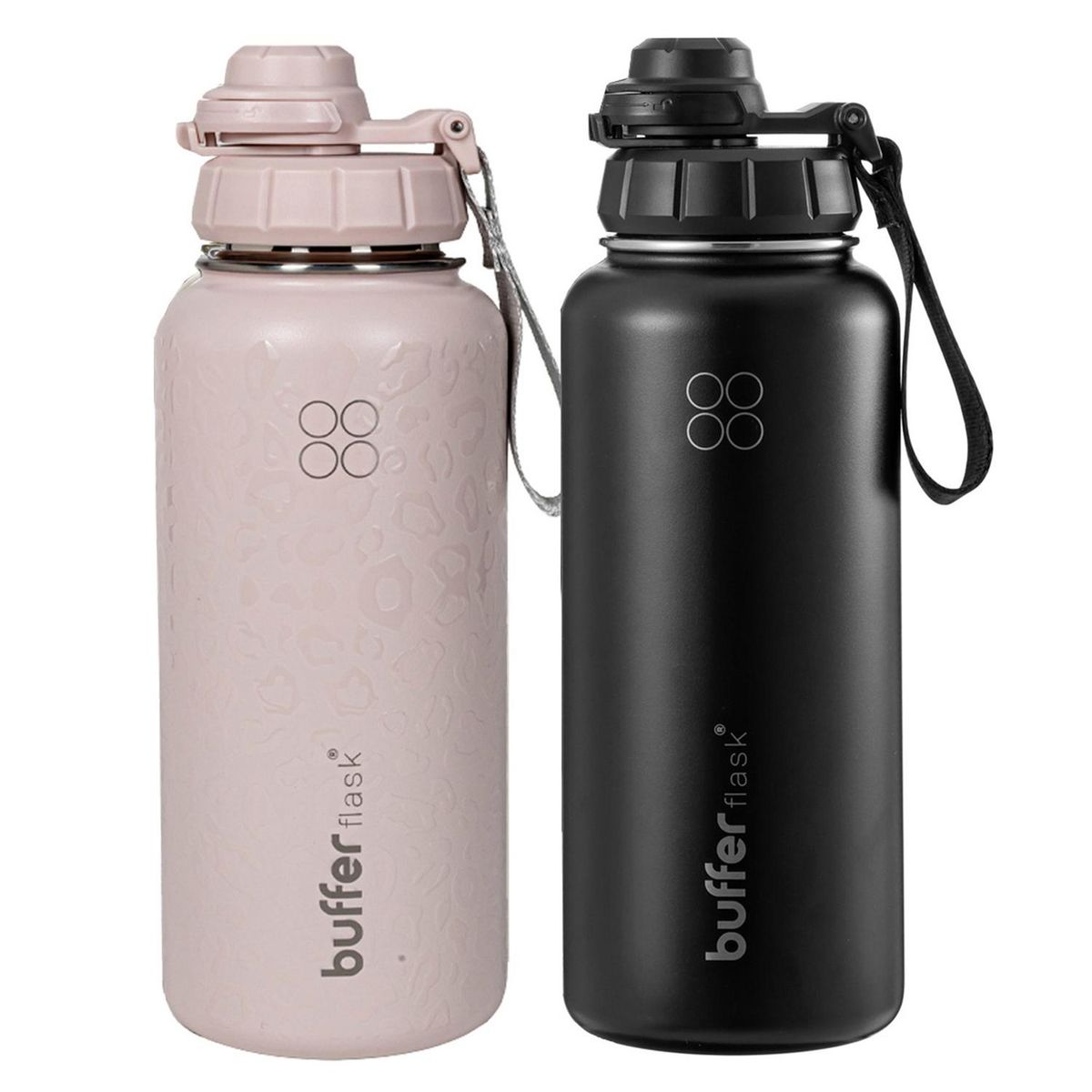 BUFFER FLASK - Termo Botella Agua Termica Set X2 Acero Inox Buffer + 4 Tapas Black + Pinky Leopard