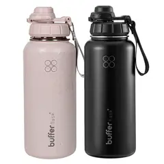 BUFFER FLASK - Termo Botella Agua Termica Set X2 Acero Inox Buffer + 4 Tapas Black + Pinky Leopard