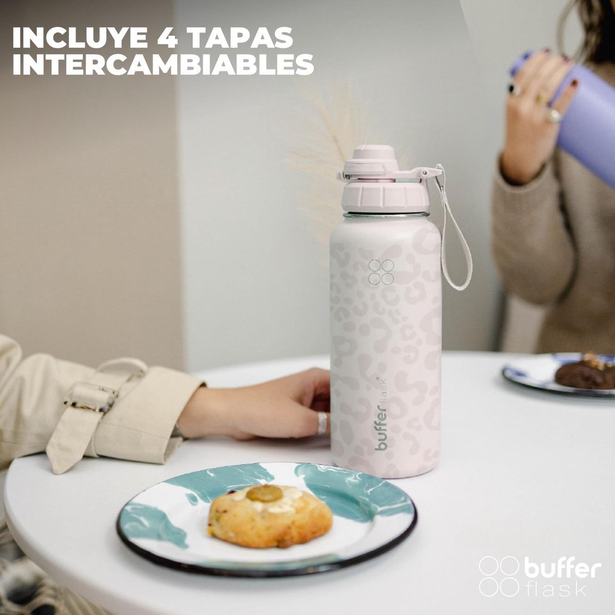 BUFFER FLASK - Termo Botella Agua Termica Set X2 Acero Inox Buffer + 4 Tapas Black + Pinky Leopard