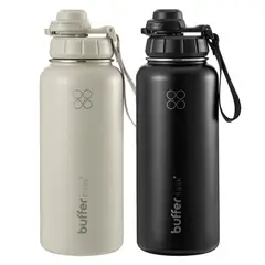 BUFFER FLASK - Termo Botella Agua Termica Set X2 Acero Inox Buffer + 4 Tapas Black + Ivory