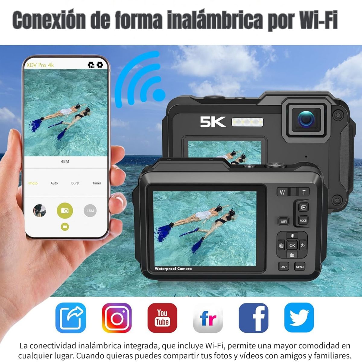 GENERICO - Cámara Sumergible 5K 64MP con WiFi y Doble Pantalla Zoom 16X - Negra