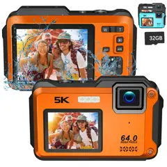GENERICO - Cámara Sumergible 5K 64MP con WiFi y Doble Pantalla Zoom 16X - Naranjo