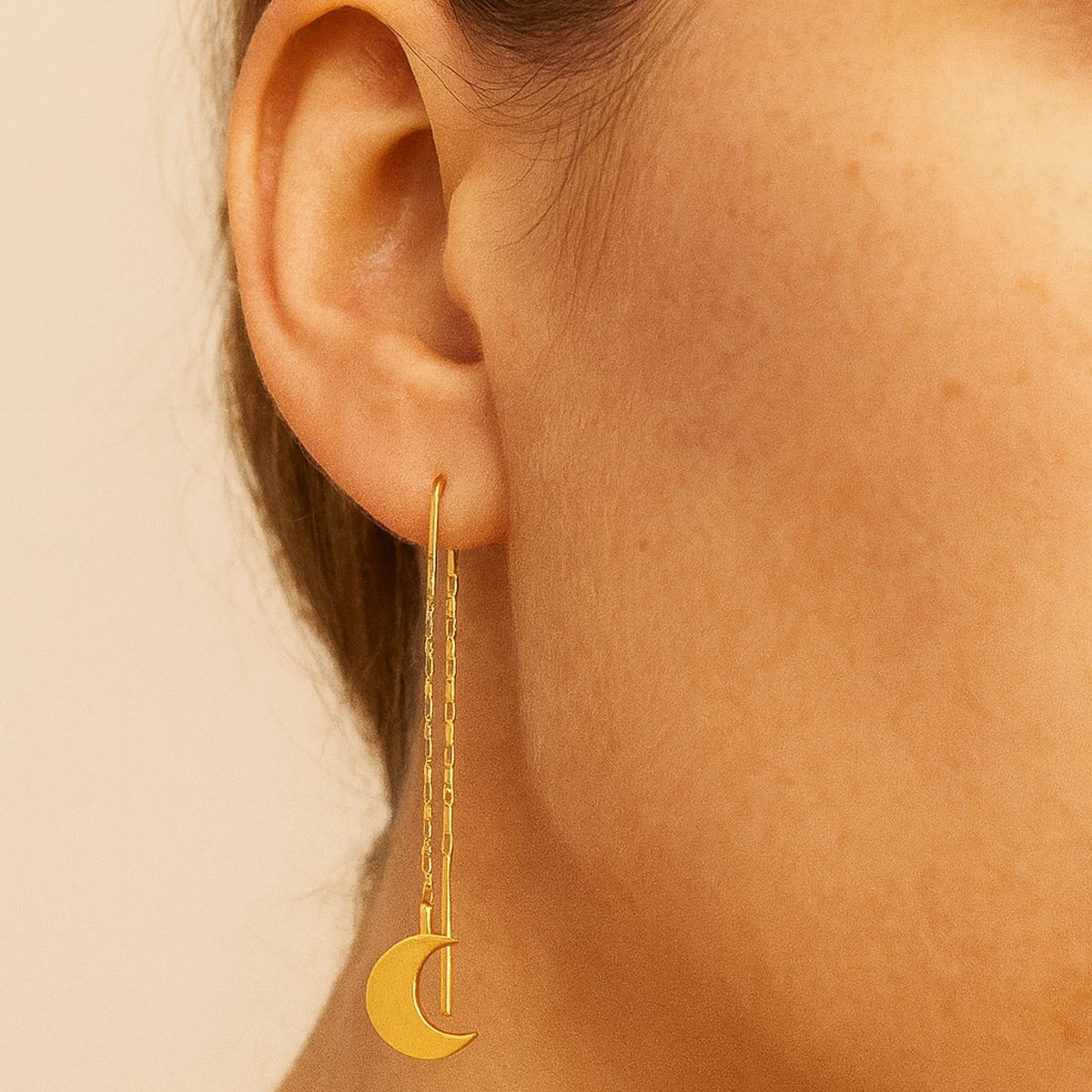 JIREH JOYAS - Aros Cadena Luna Oro 18K 3cm Colgantes 1.5gr Mujer Elegantes Regalo