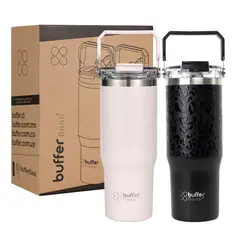 BUFFER FLASK - Vaso Termico Set X2 Mug Botella Agua Buffer Acero Inoxidable Pinky Leopard + Black Leopard