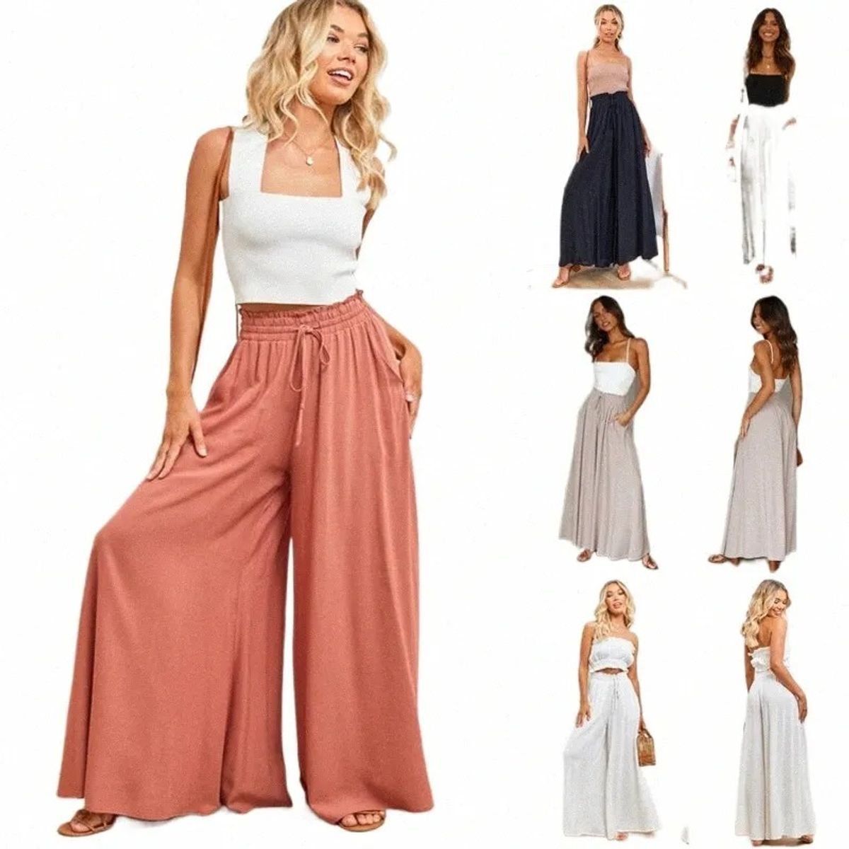 EVERSO - Pack 3 Pantalon Ancho Palazzo Cintura Elasticada Primavera Verano