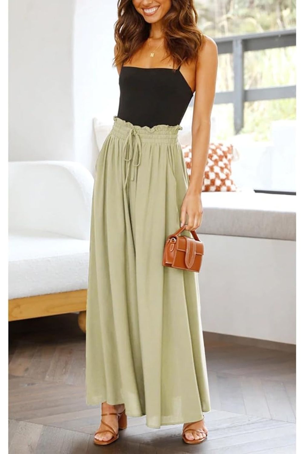 Pantalon Anchos Casual Pierna Cintura Elástica Algodón Lino