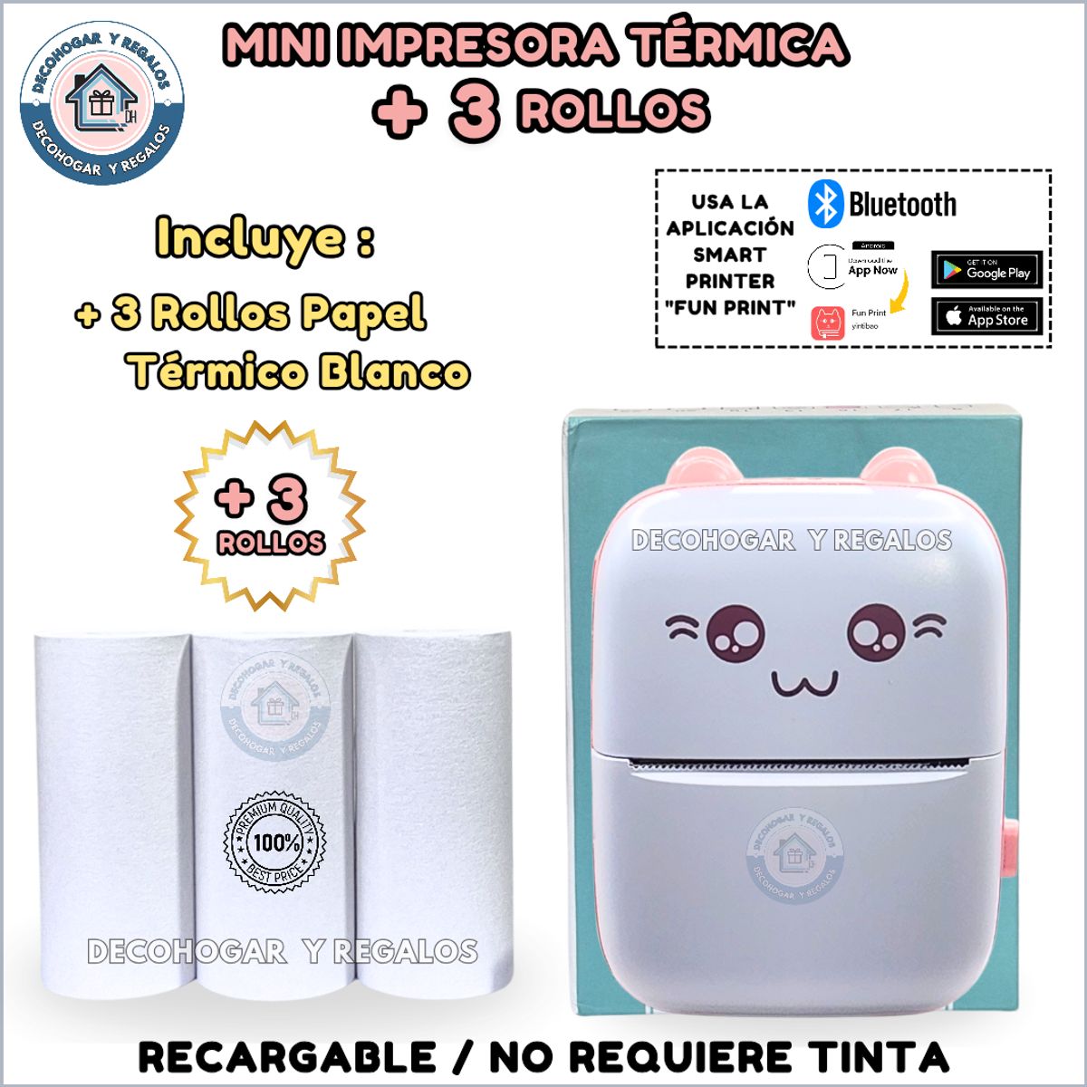 GENERICO - Mini Impresora Térmica Portátil Bluetooth + 3 Rollos Papel Térmico Blanco