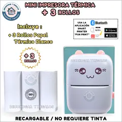 GENERICO - Mini Impresora Térmica Portátil Bluetooth + 3 Rollos Papel Térmico Blanco