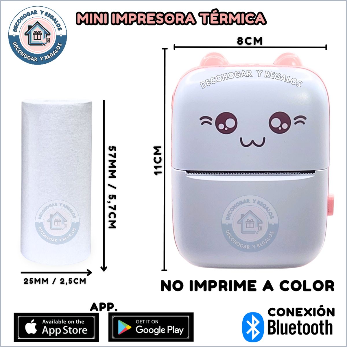 GENERICO - Mini Impresora Térmica Portátil Bluetooth + 3 Rollos Papel Térmico Blanco