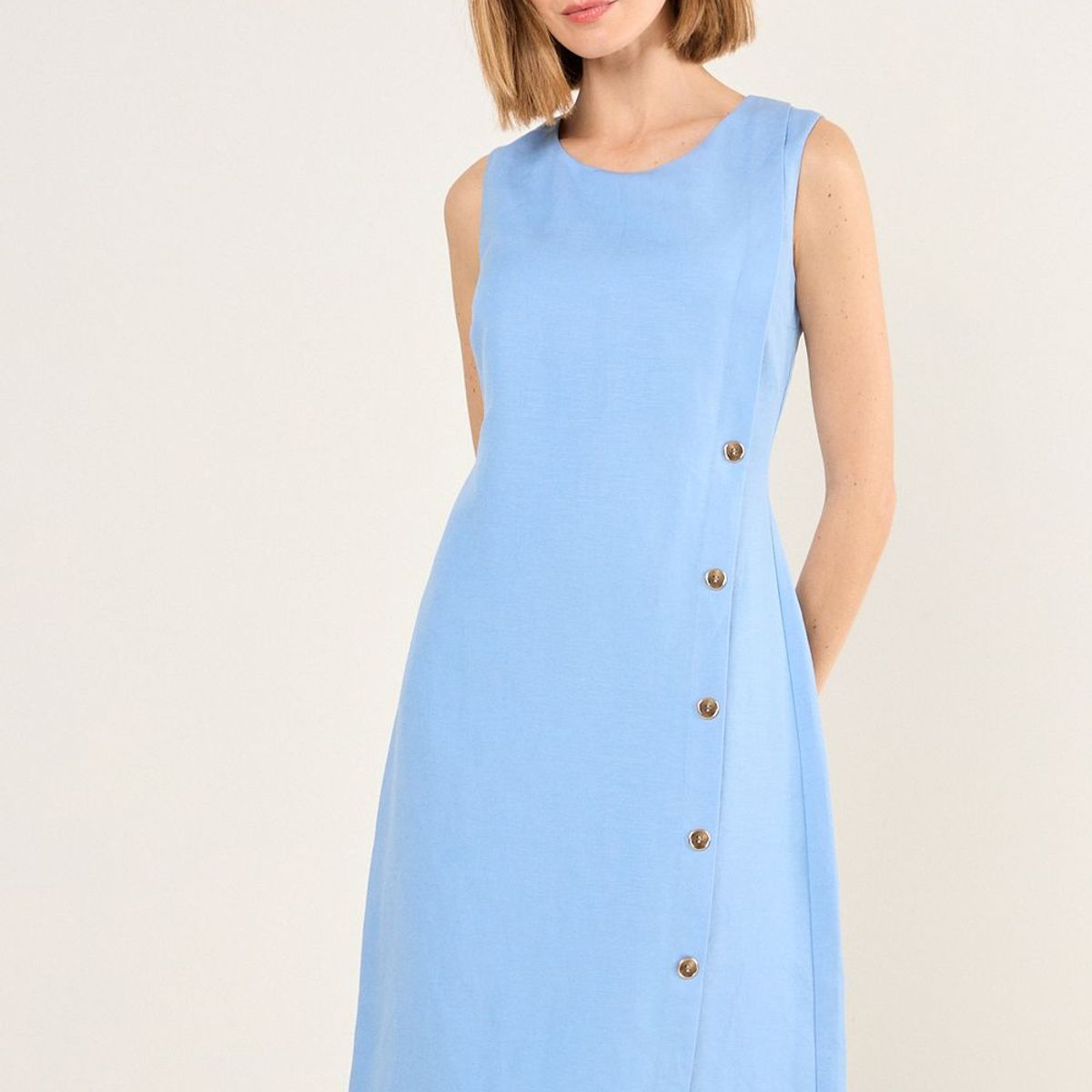 MA GRIFFE - Vestido Lino Sin Mangas Mujer Celeste Magriffe