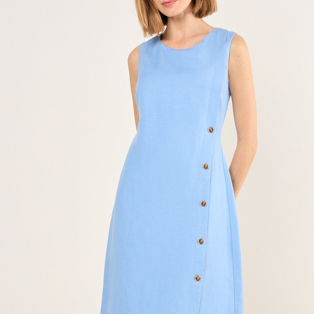 MA GRIFFE - Vestido Lino Sin Mangas Mujer Celeste Magriffe