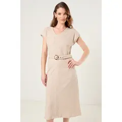 MA GRIFFE - Vestido Rib Con Cinturon Mujer Beige Magriffe