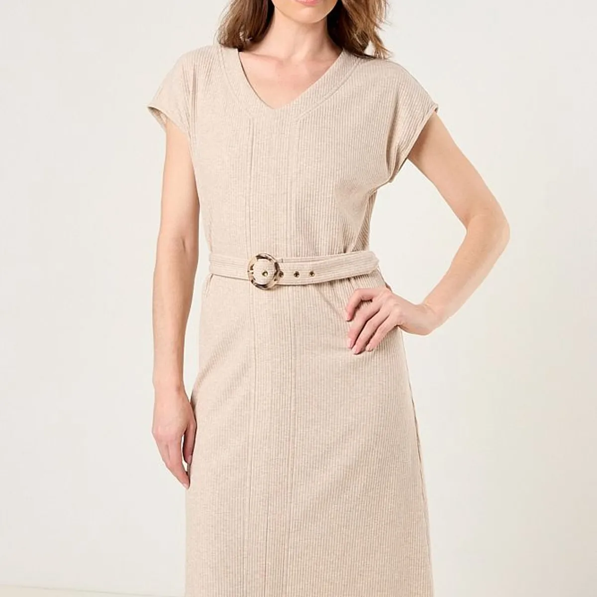 MA GRIFFE - Vestido Rib Con Cinturon Mujer Beige Magriffe