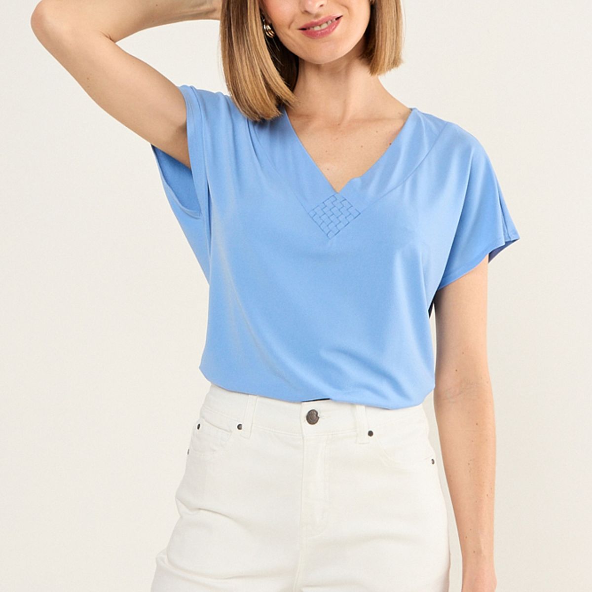 MA GRIFFE - Polera Escote En V Mujer Celeste Magriffe
