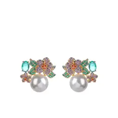 VANE COLLECTION - Aros para mujer pegados post perla y circones de color con baño de oro