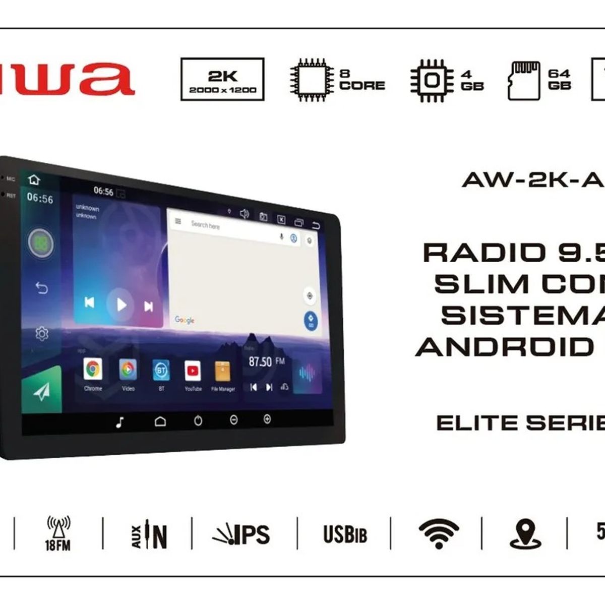AIWA - Radio Auto Android Resolución 2k De 95 Con 4gb Ram Aw-2k Color Negro