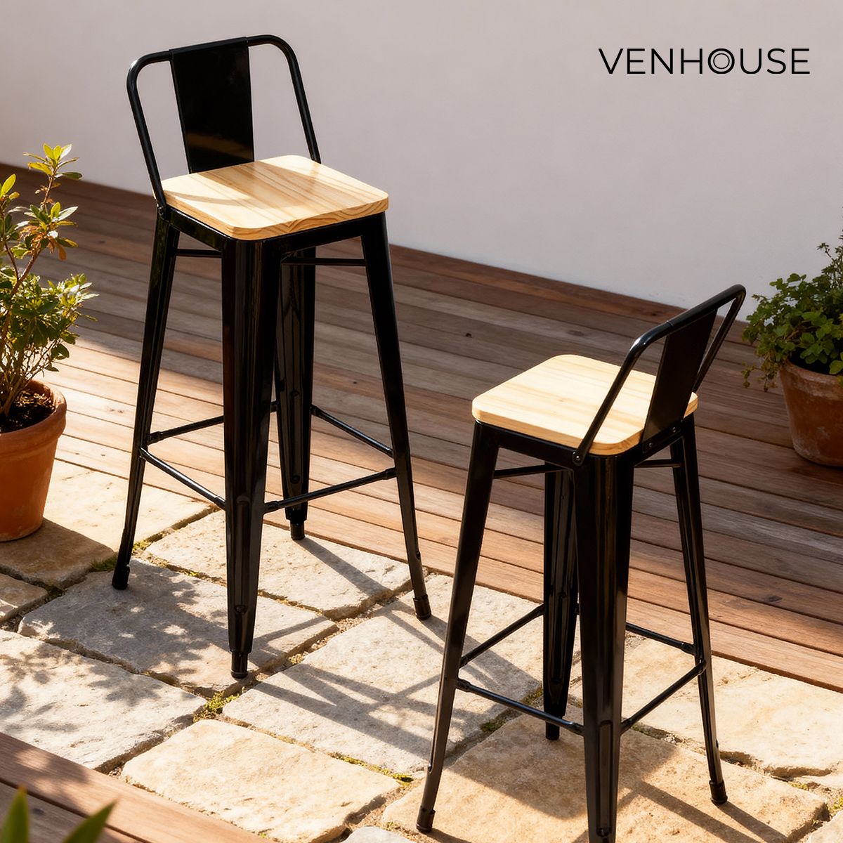 VENHOOUSE - Pack De 2 Taburetes Tolix Negro Con Asientos De Madera De 66cm
