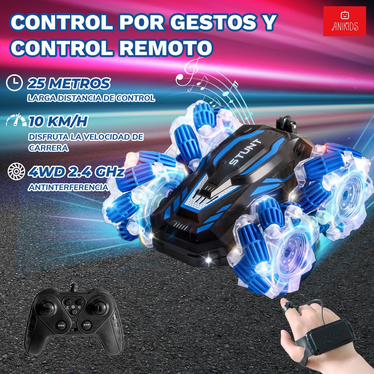 ANIKIDS - Auto Rc De Truco Control Remoto Drift Dual Luz Música Niños Azul