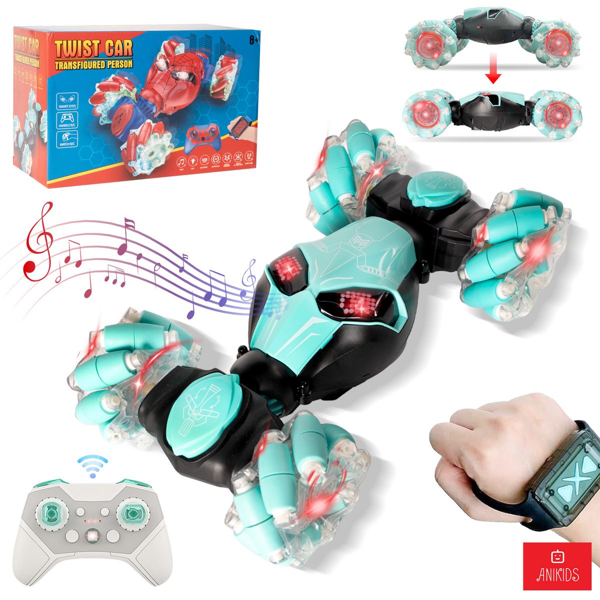 ANIKIDS - Auto De Truco Control Remoto Dual Luz Música Juguete Niños Celeste