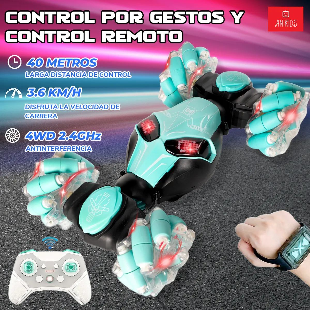 ANIKIDS - Auto De Truco Control Remoto Dual Luz Música Juguete Niños Celeste