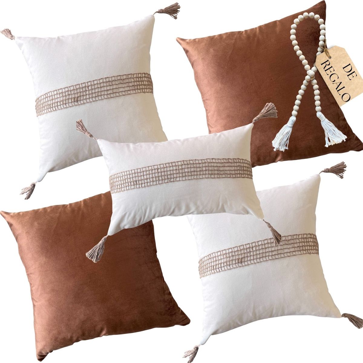 MANDIRHOME - SET 5 FUNDAS COJÍN PREMIUM TIERRA FRANJA + REGALO