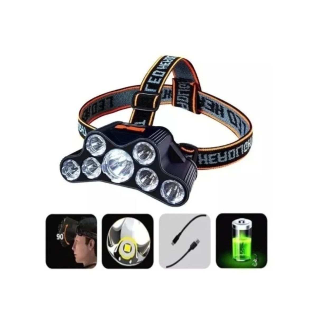 GENERICO - Linterna frontal 7 LED Rec USB impermeable