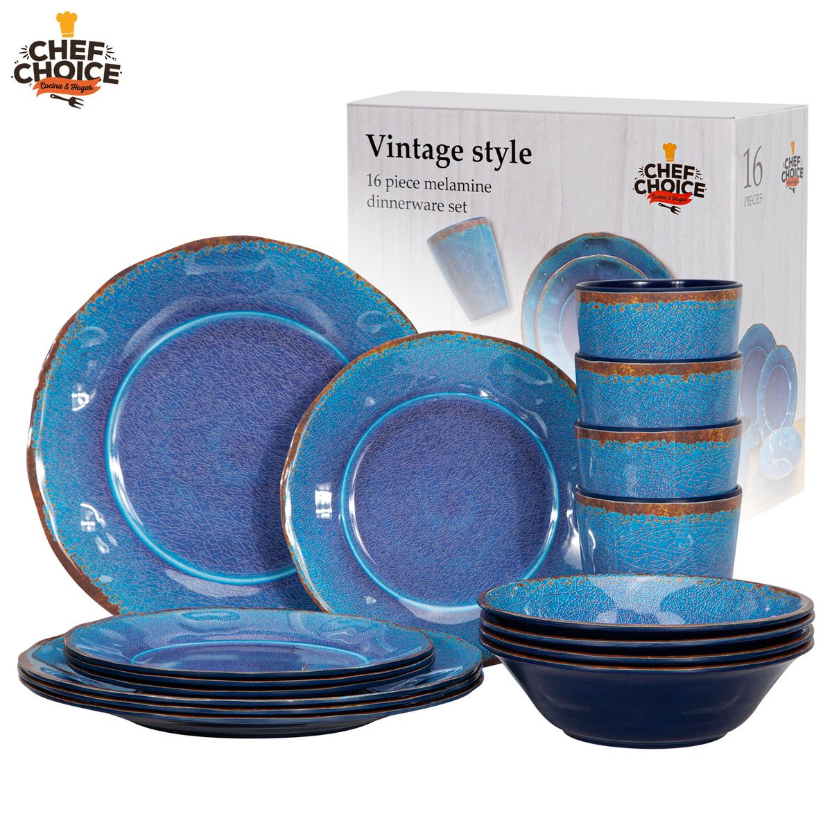 CHEFCHOICE - Set 16 Pcs Juego de Vajilla Completo Melamina Color Azul Chef Choice
