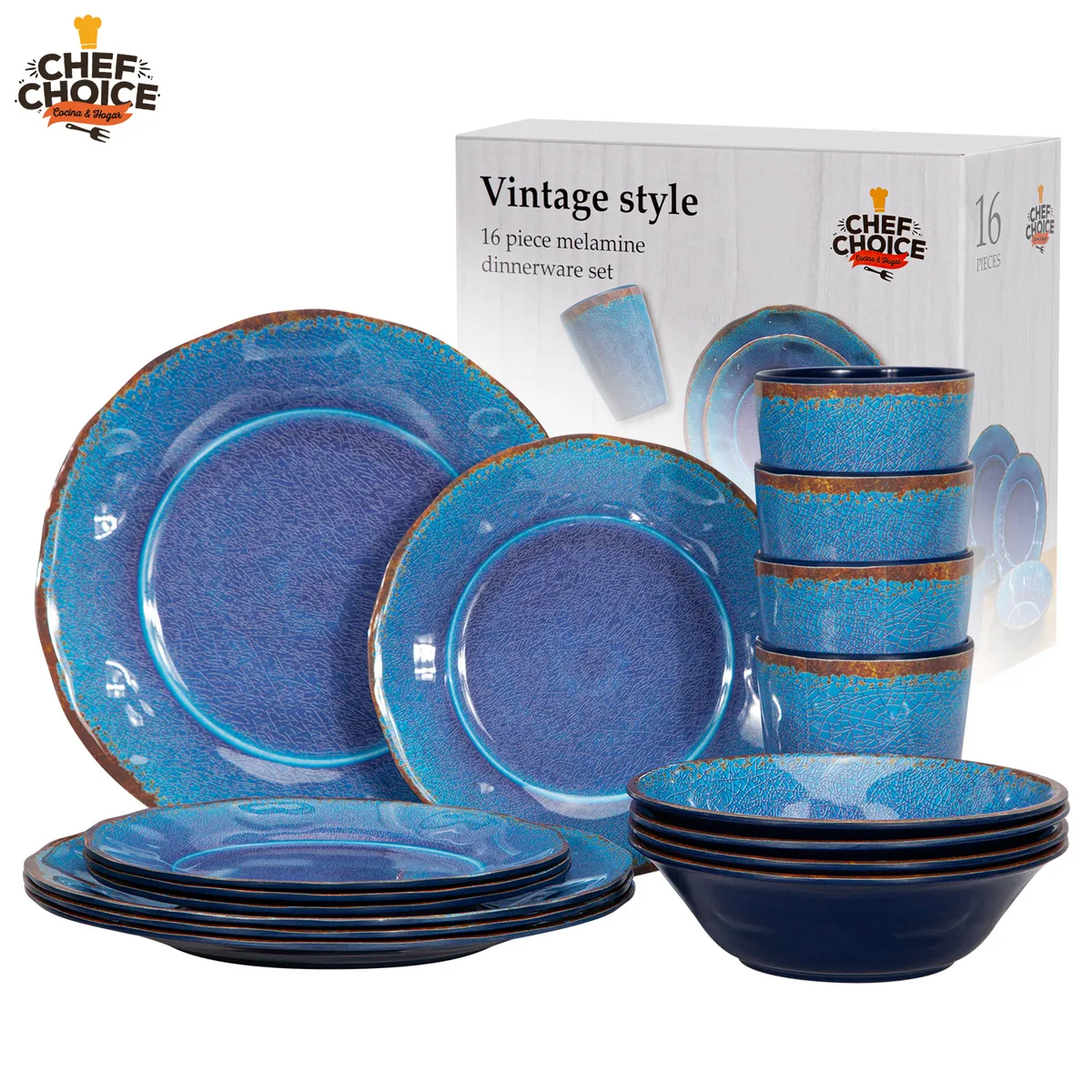 CHEFCHOICE - Set 16 Pcs Juego de Vajilla Completo Melamina Color Azul Chef Choice