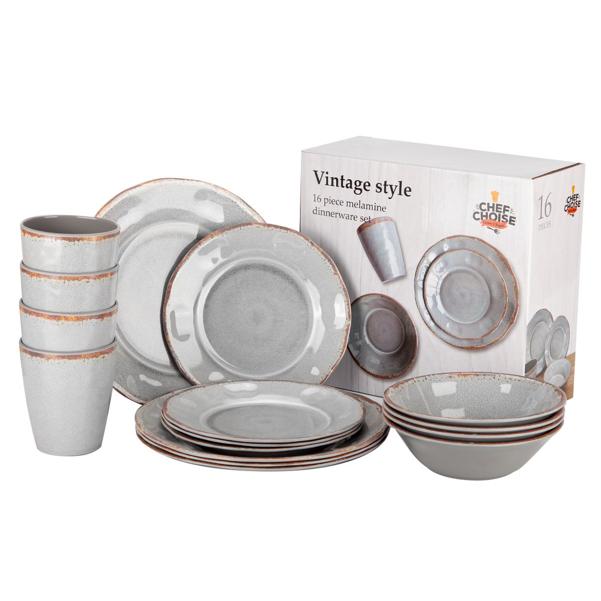CHEFCHOICE - Set 16 Pcs Juego De Vajilla Completo Melamina Color Gris Chef Choice