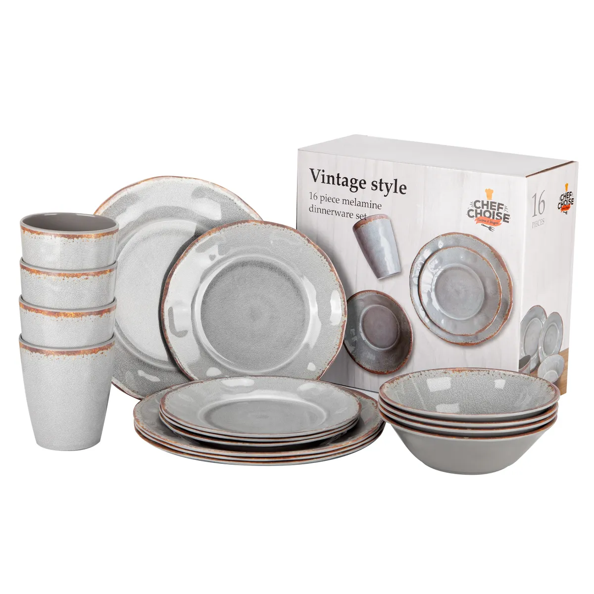 CHEFCHOICE - Set 16 Pcs Juego De Vajilla Completo Melamina Color Gris Chef Choice