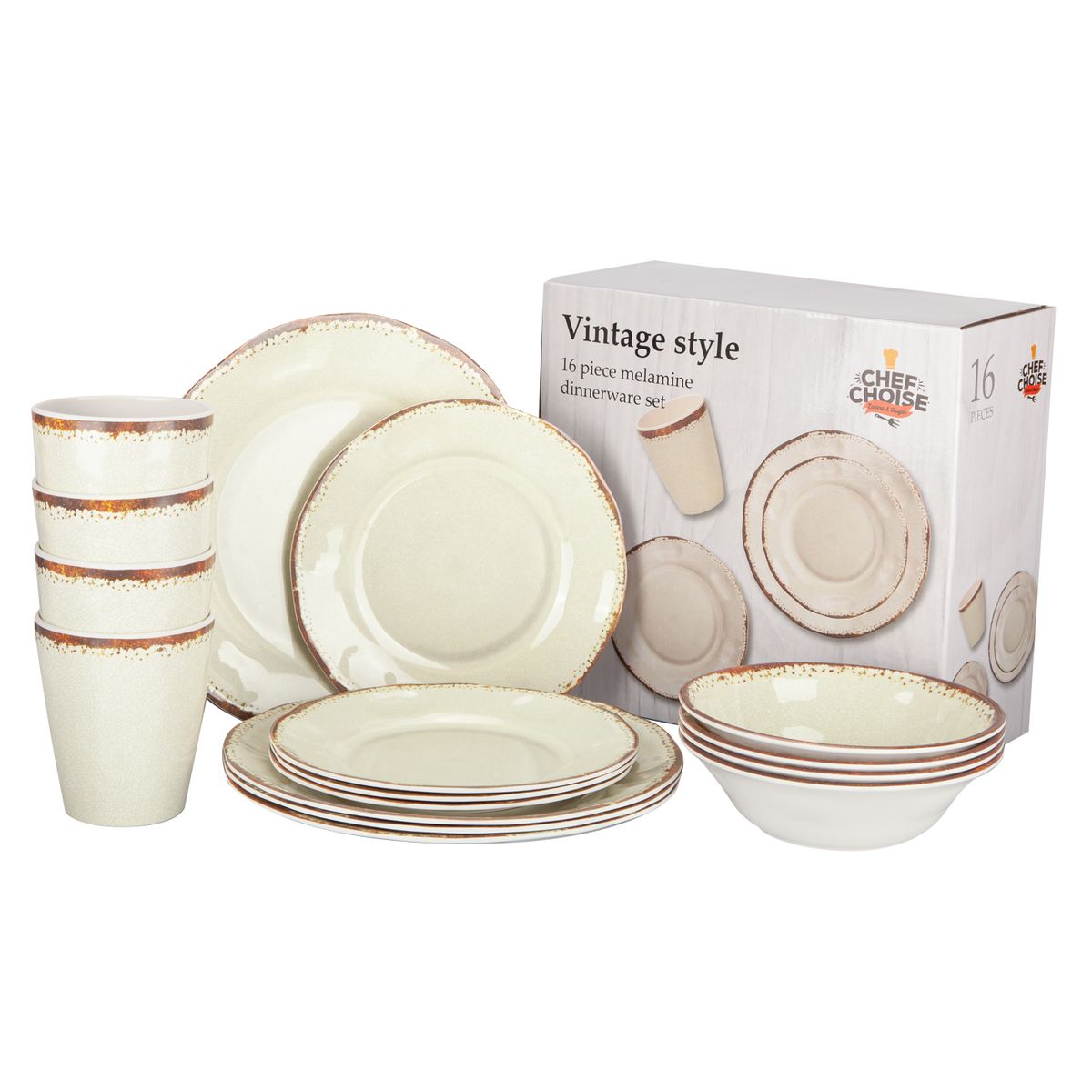 CHEFCHOICE - Set 16 Pcs Juego De Vajilla Completo Melamina Color Crema Chef Choice
